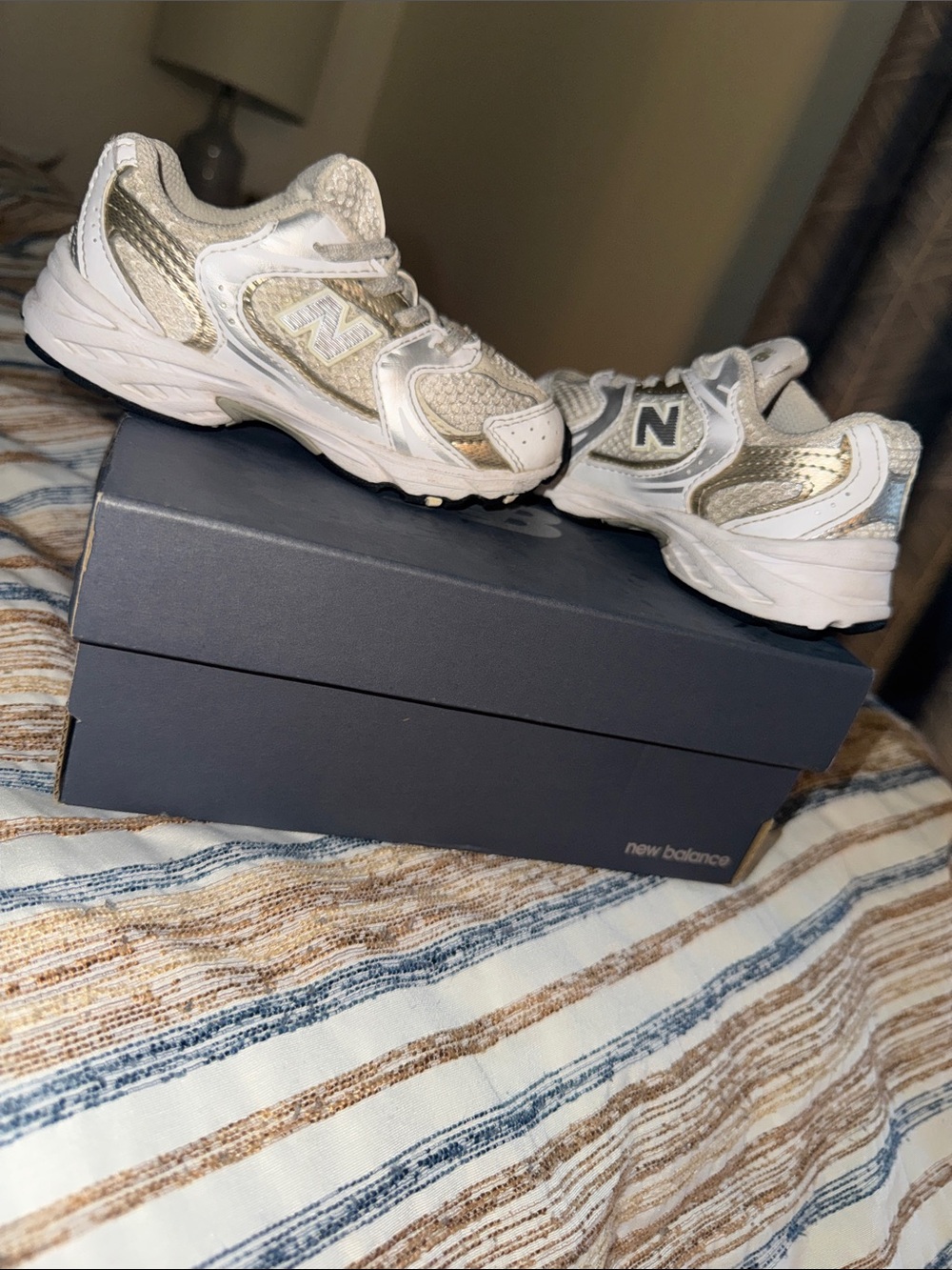New Balance Kids White and Gold Lightweight Sneakers